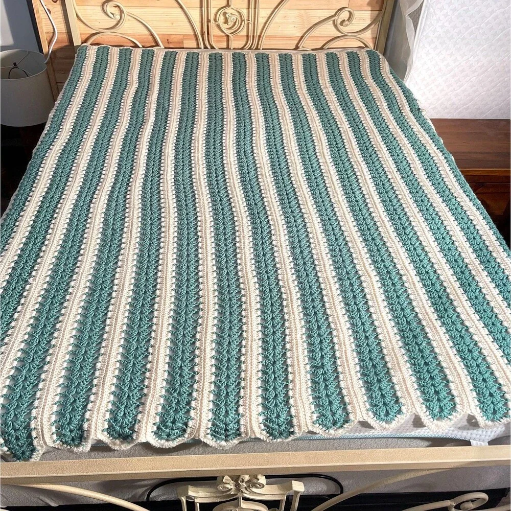 Handmade Crochet Striped Large Blanket Green White Afghan Vintage Cottagecore